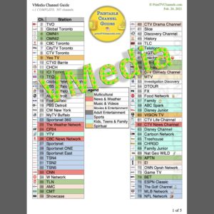 Preview Image (clean): VMedia Channel Lineup - A print- and search-friendly, colour-coded, 5-page/307-channel PDF file of VMedia streaming TV channels. For customers in Toronto and GTA, Ontario, Canada. GTIN 616833846106. February 2021