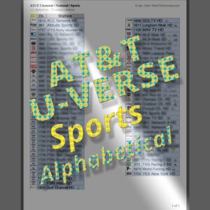 Preview Image: Complete listing of all sports channels available for AT&T's "U-Verse" TV. This alphabetically arranged (by sports station), color coded lineup makes it easier to see which channels are available. Includes all the major sporting networks including a ton of local Fox Sports channels. Comprised of 72 unique chcannels, most of which are HD quality.
