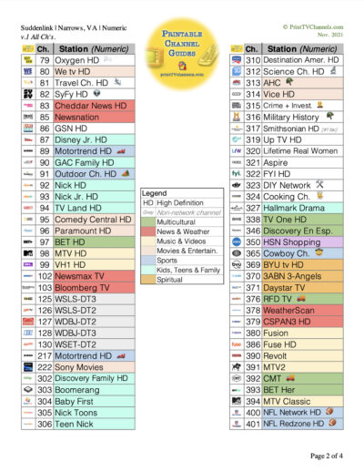 Suddenlink TV Guide Channel Lineup (numeric) — A printable PDF file of all TV stations available for Suddenlink in Narrows, Virginia as of November 2021. Includes the channel lineups for the three main packages: Value, Select and Premier. This channel guide is arranged numerically by channel number. Color coded by TV station genre. Helps to figure see the distribution of channels as well as to find particular channels. PDF is search friendly too.